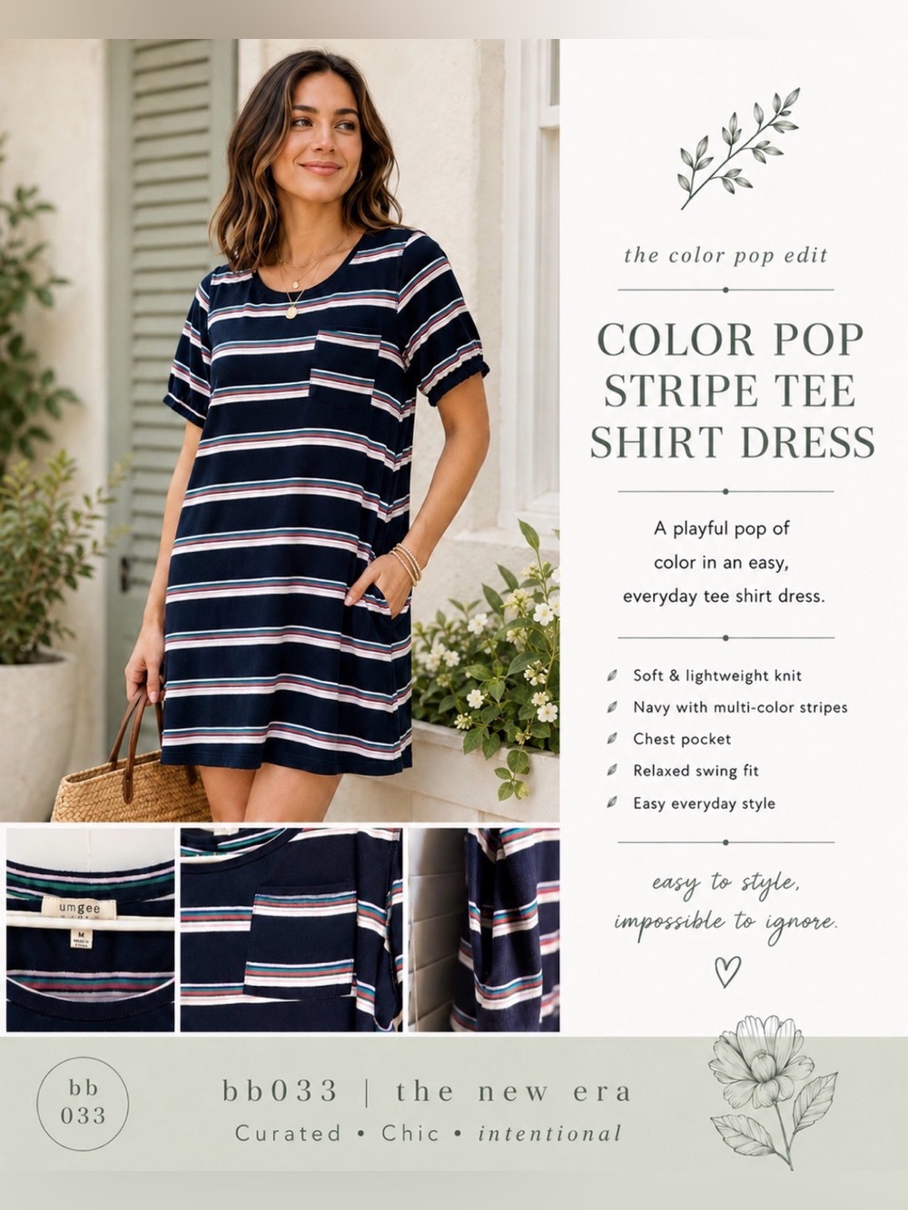 Umgee Navy Multicolor Striped T-Shirt Dress Pocket Size M